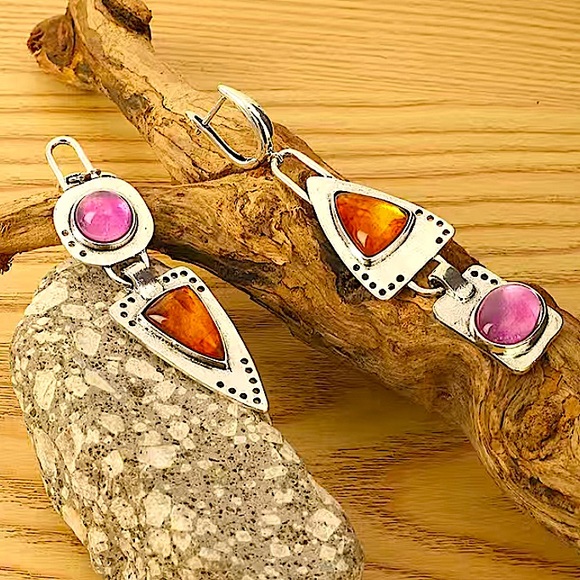Vintage Boho Geometric Silver Gemstone Irregular Dangle Earrings - Picture 5 of 7